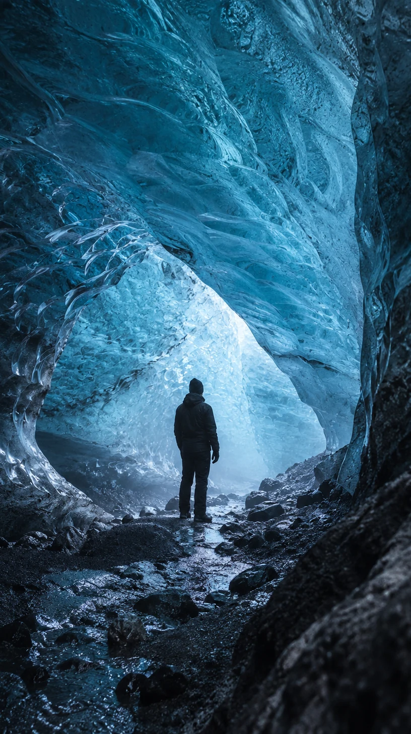 Jökulblátt landslag með ís og köldu ljósi á Íslandi
